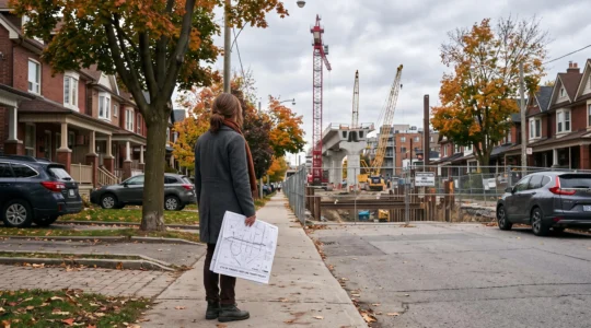 Un acheteur potentiel se tient sur le trottoir d'une rue résidentielle canadienne et observe un chantier de projet d'infrastructure urbaine en arrière-plan.