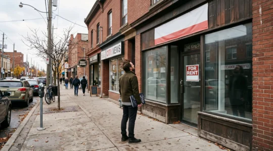 Un acheteur se tient devant un local commercial vacant sur un trottoir canadien et observe la vitrine du bâtiment.