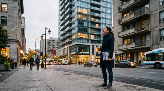 Un acheteur observant la façade d'une tour résidentielle en centre-ville canadien, entourée d'immeubles de condominiums d'âges différents.