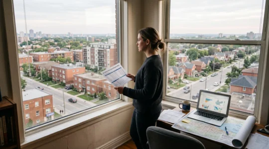 Une analyste immobilière observe depuis un appartement un quartier résidentiel canadien varié tout en tenant une fiche de données démographiques.