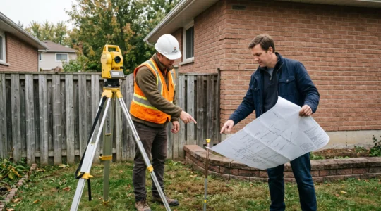 Un arpenteur-géomètre en gilet orange montre une borne d'arpentage à un acheteur tenant un plan dans une cour résidentielle.