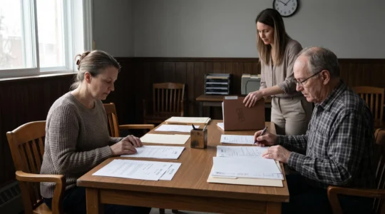 Un locataire et un propriétaire examinent un bail et des avis datés à une table d'audience devant un greffier qui dépose un dossier.