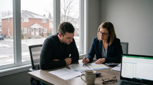 Un acheteur examine des documents de comparaison de prêts hypothécaires avec un conseiller dans un bureau au Canada.