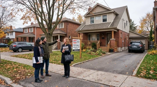 Un couple et un agent immobilier évaluent une maison à vendre sur une rue résidentielle au Canada.