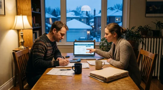 Un couple assis à table compare ses relevés bancaires et une simulation de capacité d'emprunt sur ordinateur portable dans sa maison.