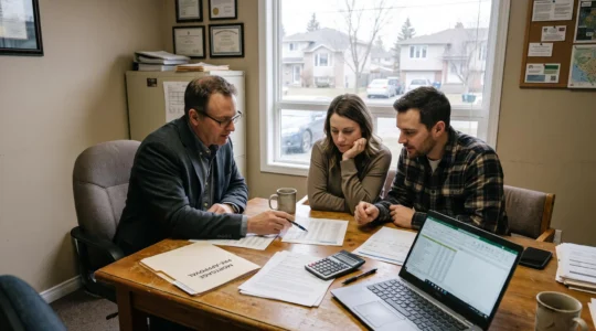 Un conseiller hypothécaire et un couple examinent ensemble des documents financiers autour d'une table dans un bureau au Canada.