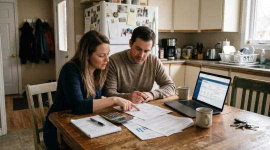 Un couple examine ensemble un dossier de crédit imprimé et des documents hypothécaires à la table de la cuisine.