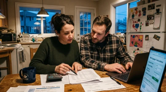 Un couple assis à la table de cuisine examine des documents hypothécaires et un calcul d'amortissement sur ordinateur portable.