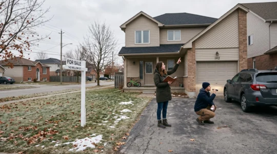 Un couple examine une maison unifamiliale en banlieue canadienne, l'un observe la toiture pendant que l'autre inspecte les fondations près du garage.