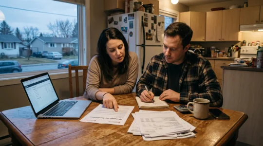 Un couple assis à la table de la cuisine examine une lettre de préautorisation hypothécaire et des relevés bancaires pour préparer sa mise de fonds.