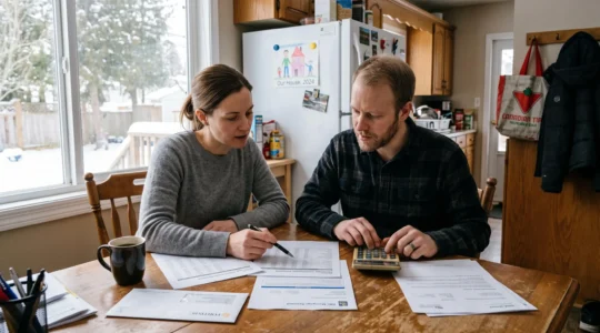 Un couple assis à la table de la cuisine d'une maison canadienne examine des documents de renouvellement hypothécaire avec une calculatrice et des relevés d'amortissement.