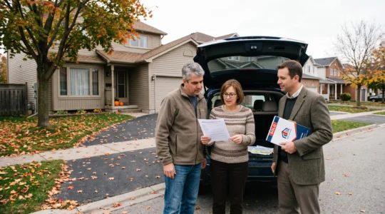 Un couple vendant sa maison examine des documents de vente avec un agent immobilier devant leur résidence au Canada.