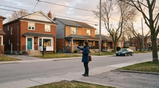Un courtier immobilier compare deux maisons d'un quartier résidentiel canadien en consultant des données sur sa tablette.