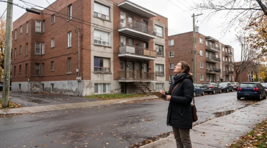 Un gestionnaire immobilier note des observations devant un immeuble locatif dans une rue résidentielle au Canada.