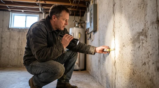 Un inspecteur en bâtiment examine à la lampe de poche une fissure dans la fondation en béton du sous-sol d'une maison.