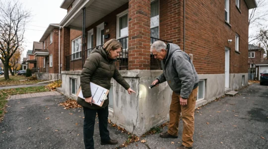 Un investisseur et un inspecteur examinent la fondation d'un immeuble résidentiel canadien avec une liste de vérification, avant de valider la faisabilité du projet.