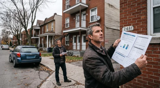 Un investisseur immobilier compare les chiffres de son portefeuille devant un triplex canadien à escalier extérieur.