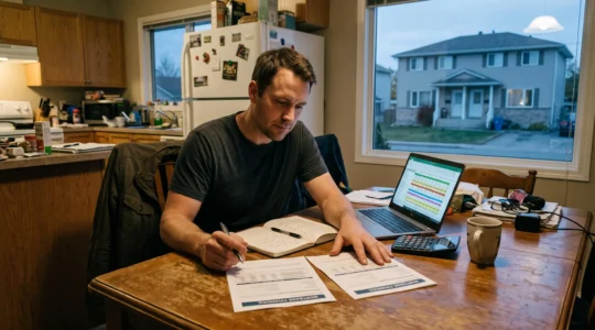 Un investisseur immobilier compare des scénarios de financement hypothécaire à la table de sa cuisine, avec un ordinateur portable affichant ses projections de flux de trésorerie.