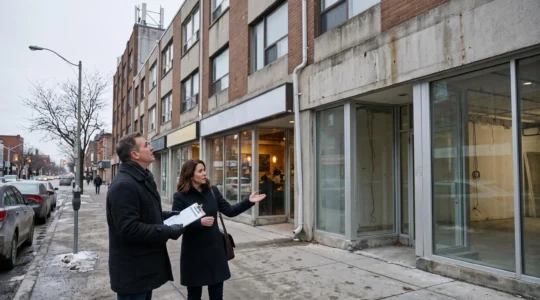 Un investisseur et un courtier observent la façade d'un immeuble commercial sur un trottoir, liste de vérification en main.