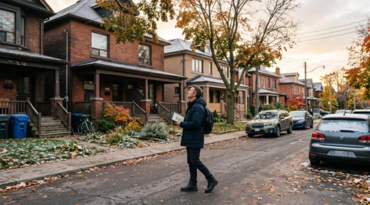 Un investisseur immobilier observe une maison de brique sur une rue résidentielle canadienne tout en consultant sa tablette.