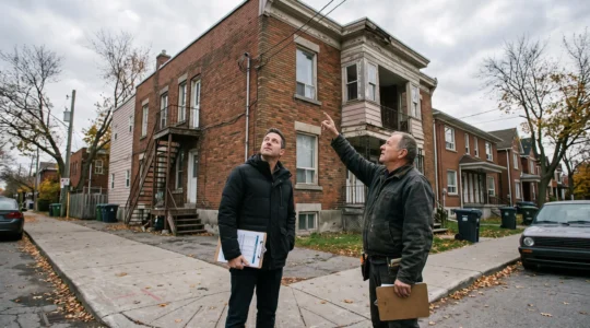 Un investisseur et un inspecteur examinent la façade et la toiture d'un immeuble locatif ancien devant lequel ils se tiennent sur le trottoir.