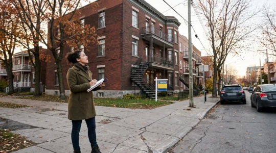 Un investisseur observe un immeuble à revenus à vendre depuis le trottoir d'un quartier résidentiel canadien, carnet en main.