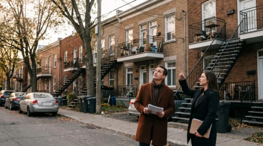 Un investisseur observe un immeuble à logements à escalier extérieur avec un courtier pointant vers les unités.