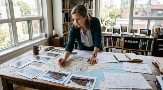 Une investisseuse immobilière compare sur une table une carte d'une région métropolitaine canadienne avec des photos d'immeubles et des relevés financiers, crayon en main.