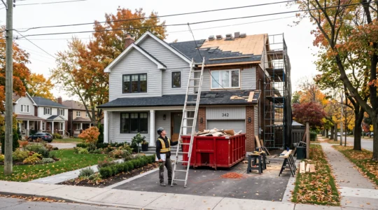 Une maison canadienne en pleine rénovation, avec une partie déjà finie et l'autre encore en travaux, tandis qu'un entrepreneur examine la toiture depuis une échelle.