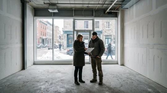 Une propriétaire et un locataire examinent ensemble un bail commercial dans un local commercial vide au Canada.