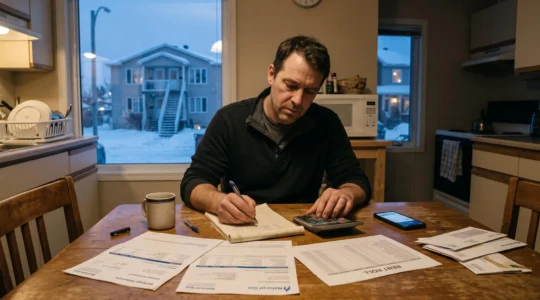 Un propriétaire canadien calcule le flux de trésorerie mensuel de son immeuble locatif à l'aide d'une calculatrice, de relevés hypothécaires et d'un carnet, près d'une fenêtre donnant sur son duplex.