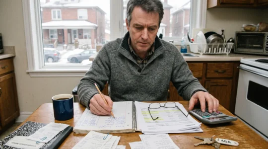 Un propriétaire compare un registre de loyers manuscrit et un relevé bancaire à la table de sa cuisine, calculatrice et reçus à portée de main.