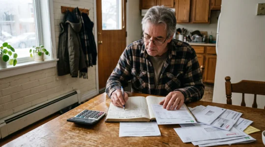 Un propriétaire compare son registre de loyers manuscrit avec ses relevés bancaires à la table de la cuisine de son duplex.