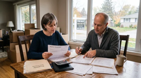 Un propriétaire et une comptable examinent des documents de vente et des factures à la table d'une maison canadienne mise en vente.
