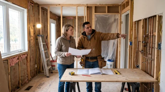 Un propriétaire et un entrepreneur examinent un document de projet devant des murs ouverts lors d'une rénovation majeure dans une maison canadienne.