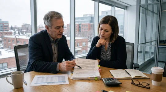 Un avocat et un commerçant examinent ensemble une clause d'un bail commercial annoté lors d'une réunion de relecture dans un bureau canadien.
