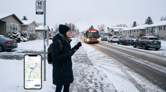 Un acheteur potentiel attend un bus d'arrivee de pointe du matin sur un trottoir enneige d'un quartier residentiel canadien, consulter un itineraire sur son telephone.