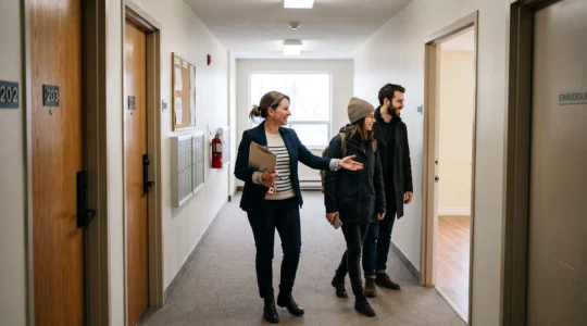 Un gestionnaire d'immeuble accompagnant un couple dans le couloir d'un immeuble locatif canadien lors d'une visite d'appartement.