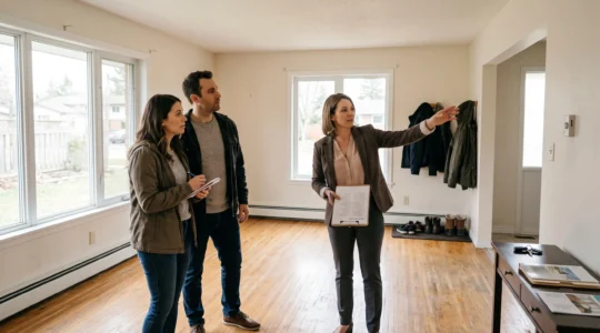 Un couple accompagné d'un agent immobilier visite une maison à vendre au Canada et compare les pièces avec une grille de critères notée sur papier.