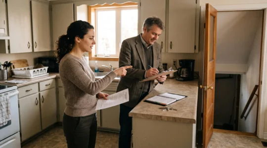 Un acheteur et un courtier vérifient l'état d'une cuisine lors d'une visite pré-clôture dans une maison au Québec.